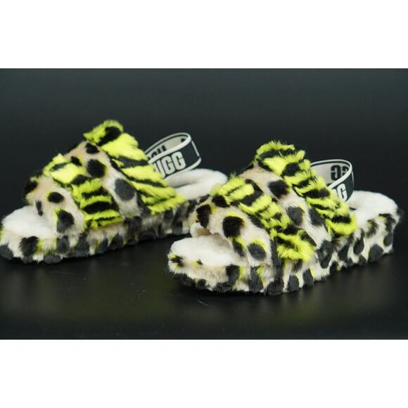 UGG Fluff Yeah Animalia Slingback Sandals Slipper SZ 7 New Leopard green - Picture 3 of 11